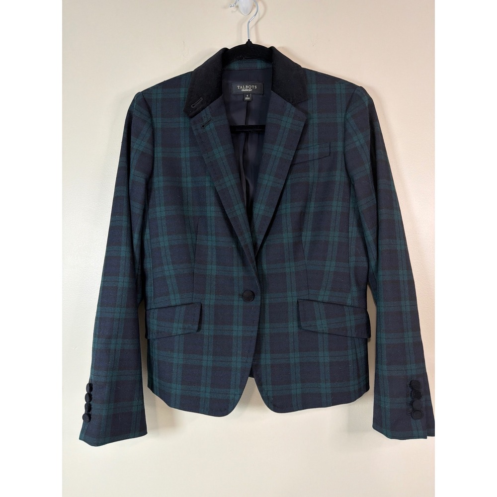 Talbots 4 Black Watch Plaid Wool Blend Velvet Collar Peplum Back Blazer Classic - Picture 8 of 9
